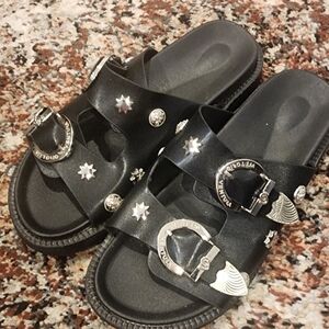 Vittorio Venture Black Sandals with Silver Studed Embellishements